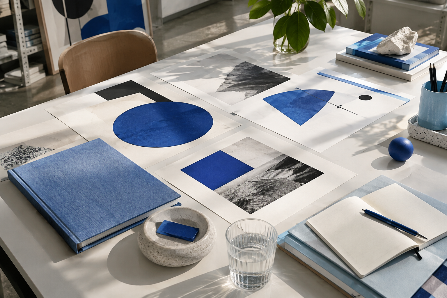 Kreativt arbetsbord med trycksaker och grafiskt material i koboltblått
