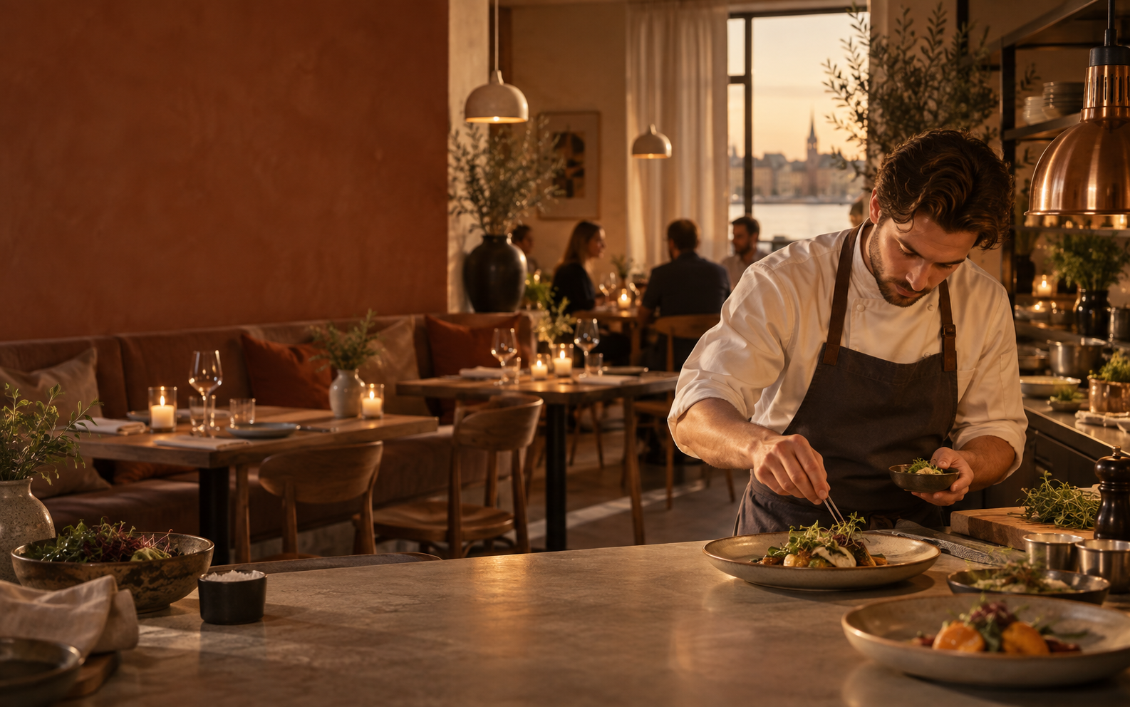 Kock som lägger sista handen vid en rätt i en varm restaurangmiljö